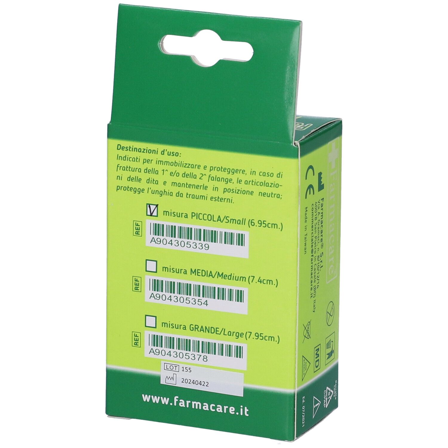 Retro della confezione. Scritte: misure, codici a barre, www.farmacare.it.