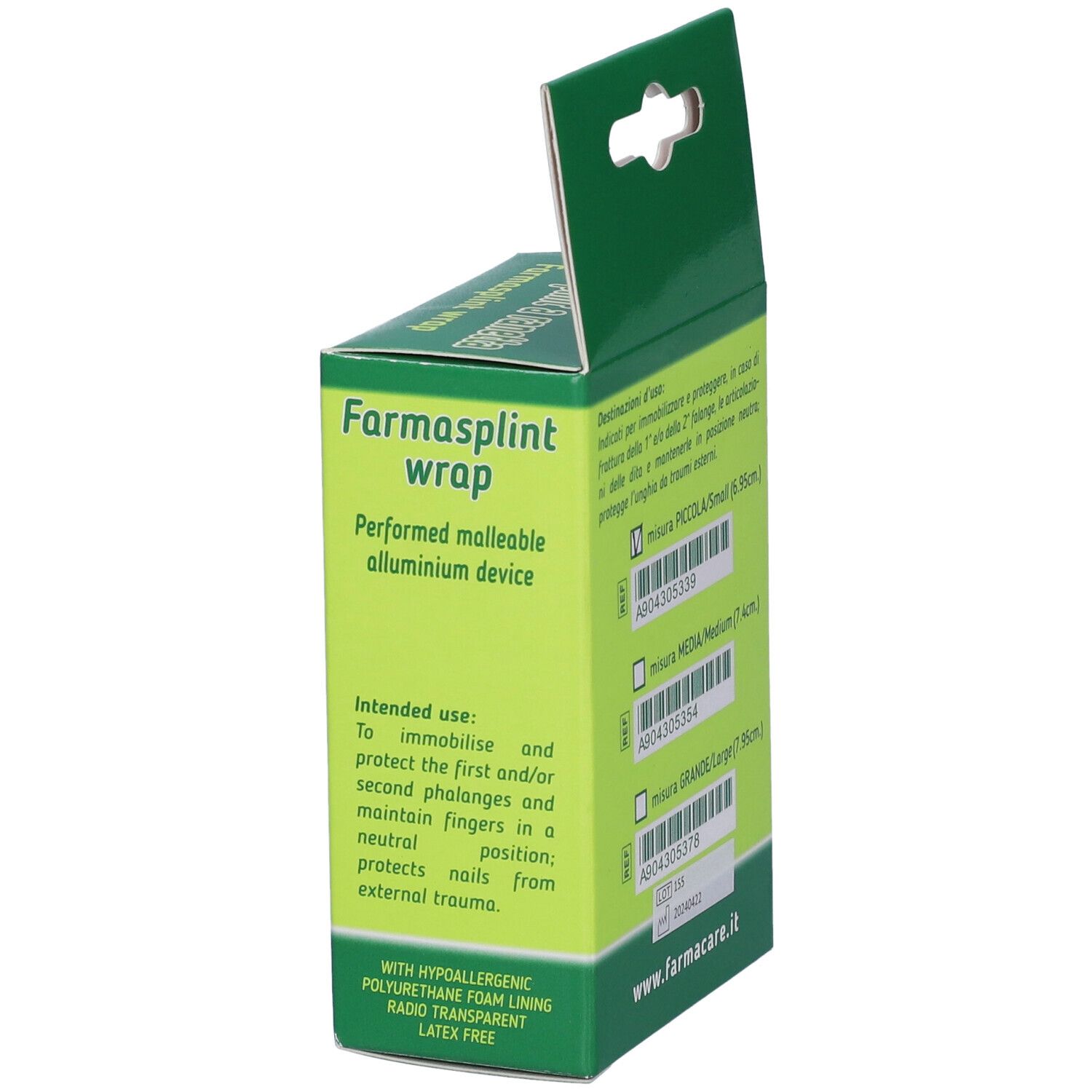 Confezione, vista laterale. Scritta: Farmasplint wrap, uso previsto, www.farmacare.it.