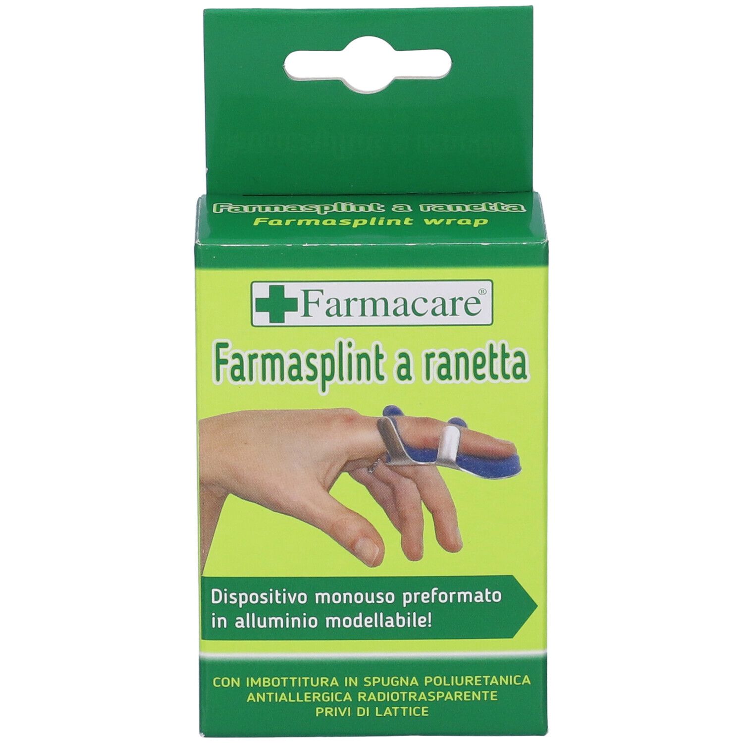Confezione con tutore per dito. Scritta: Farmasplint a ranetta, immagine del prodotto.