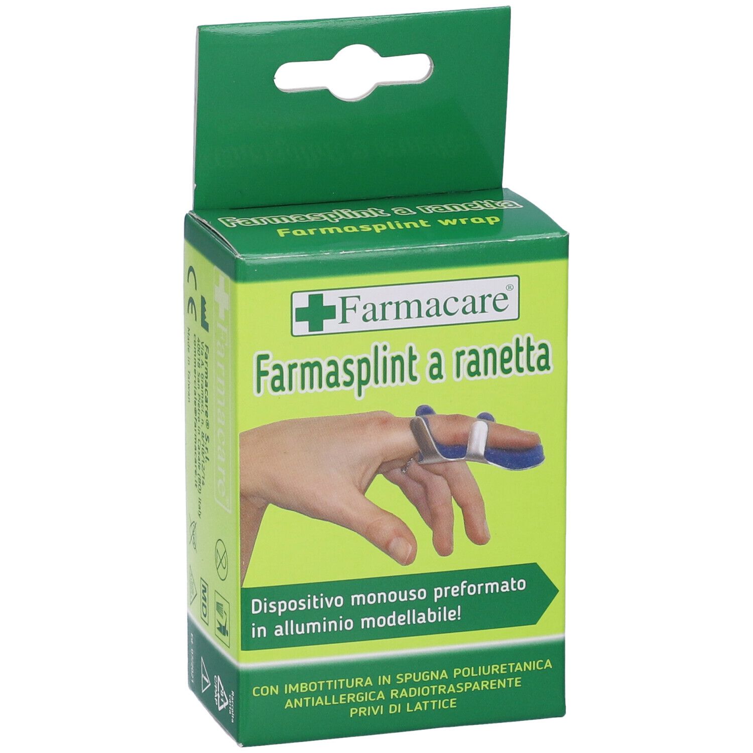 Confezione con tutore per dito. Scritta: Farmasplint a ranetta, immagine del prodotto.