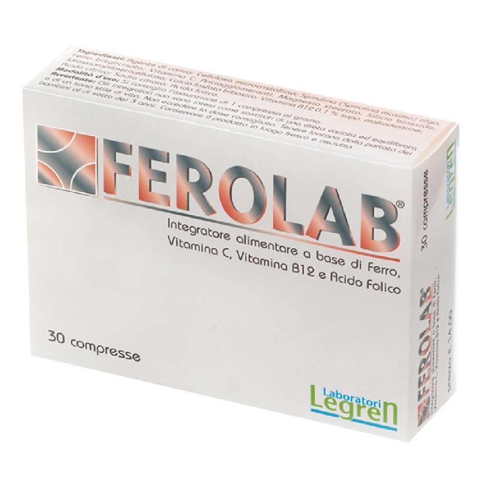Scatola bianca con logo "FEROLAB" e testo. Contiene 30 compresse. Logo Laboratori Legren in basso a destra.