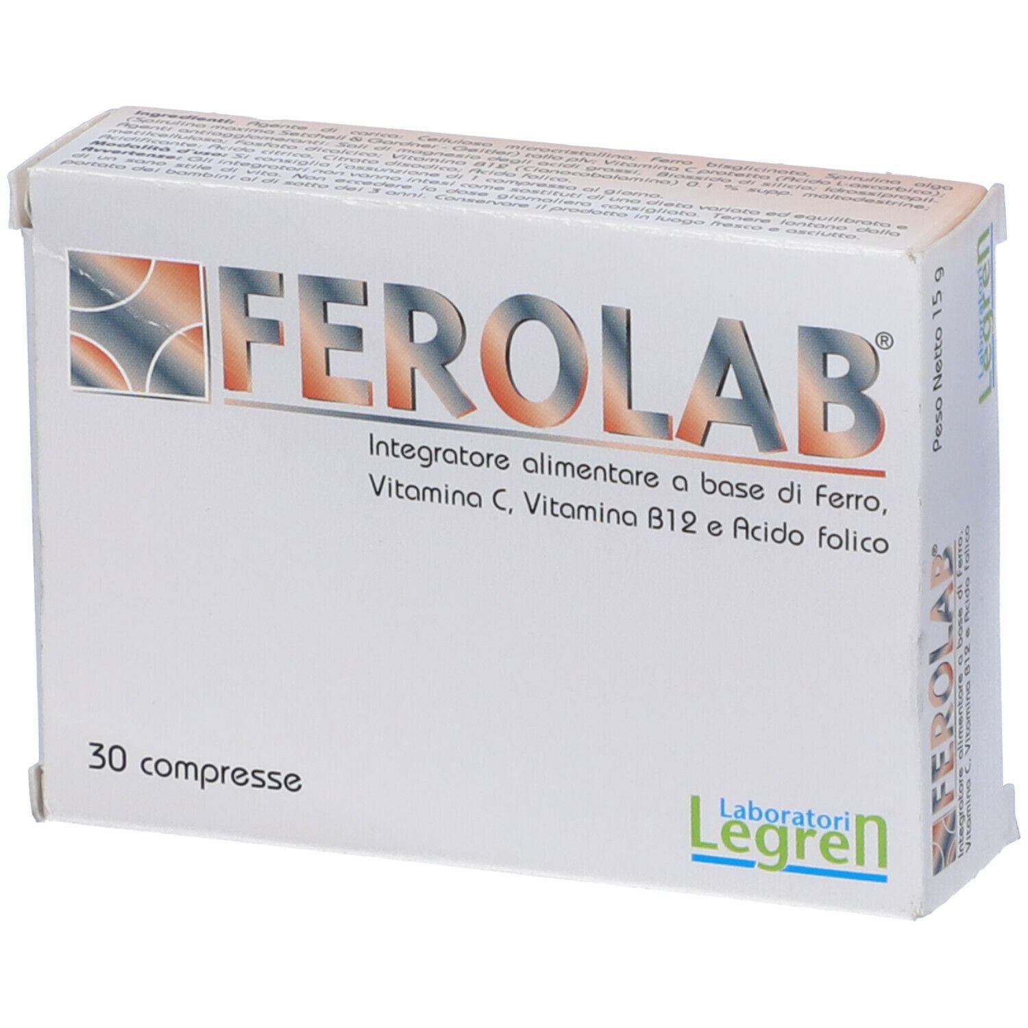 Scatola bianca con logo "FEROLAB" e testo. Contiene 30 compresse. Logo Laboratori Legren in basso a destra.