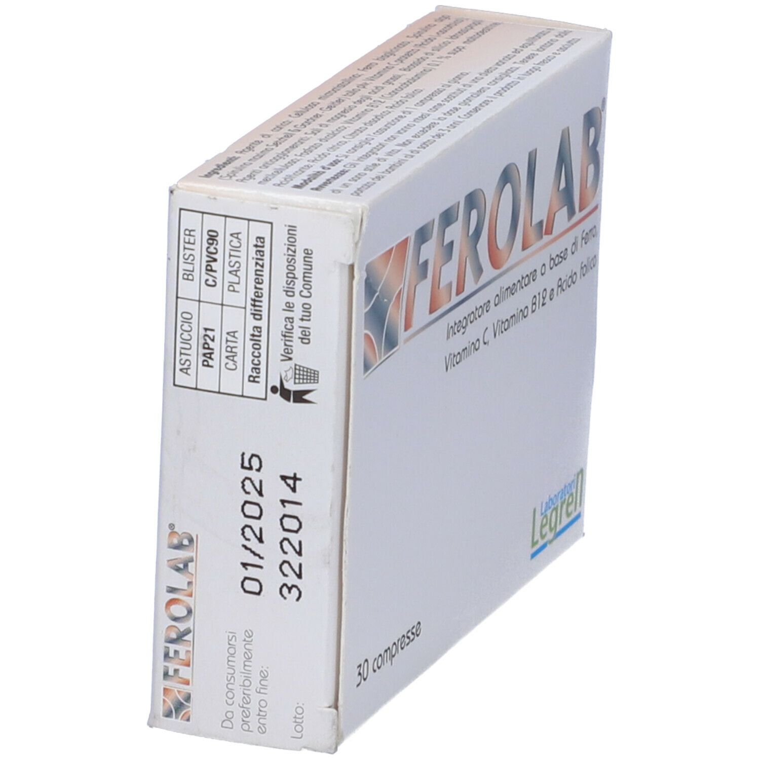 Scatola con logo "FEROLAB". Contiene 30 compresse. Sul lato: scadenza 01/2025. Logo Laboratori Legren.