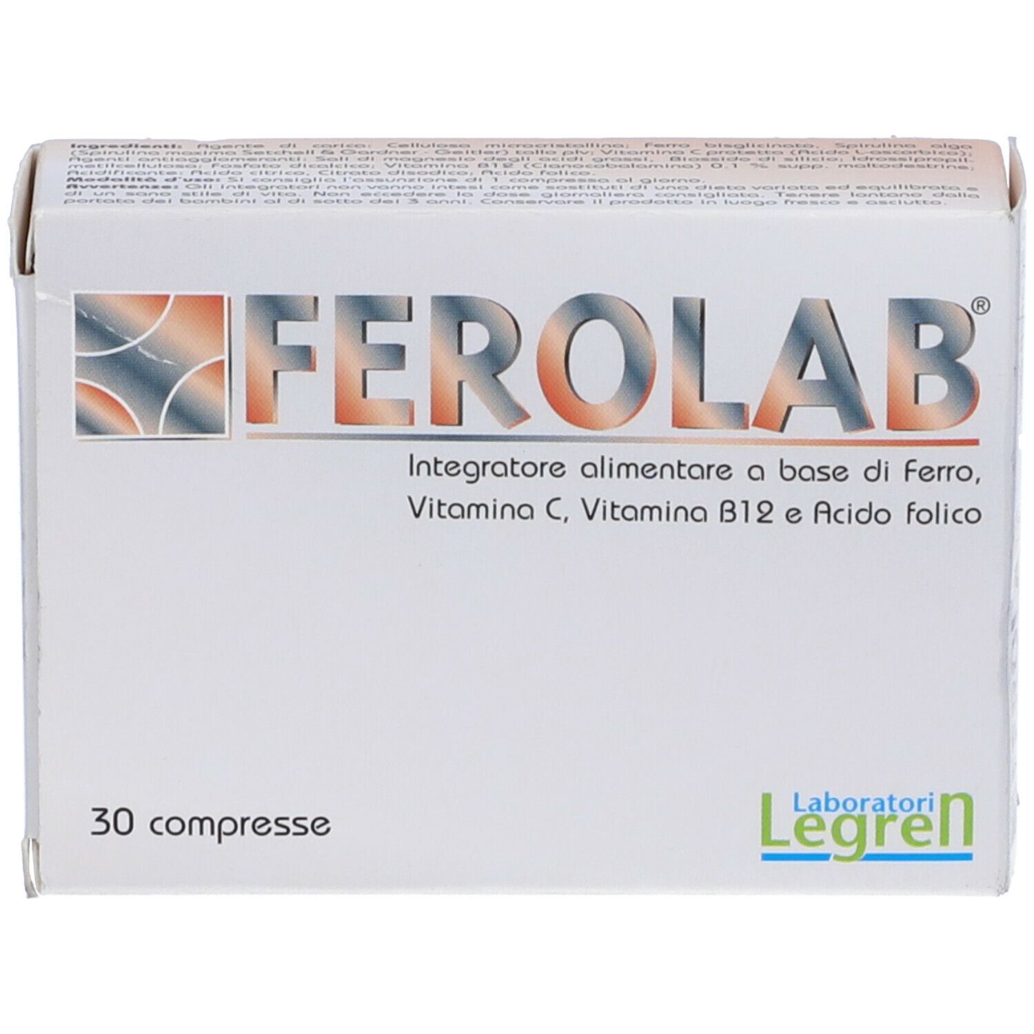 Scatola bianca con logo "FEROLAB" e testo. Contiene 30 compresse. Logo Laboratori Legren in basso a destra.