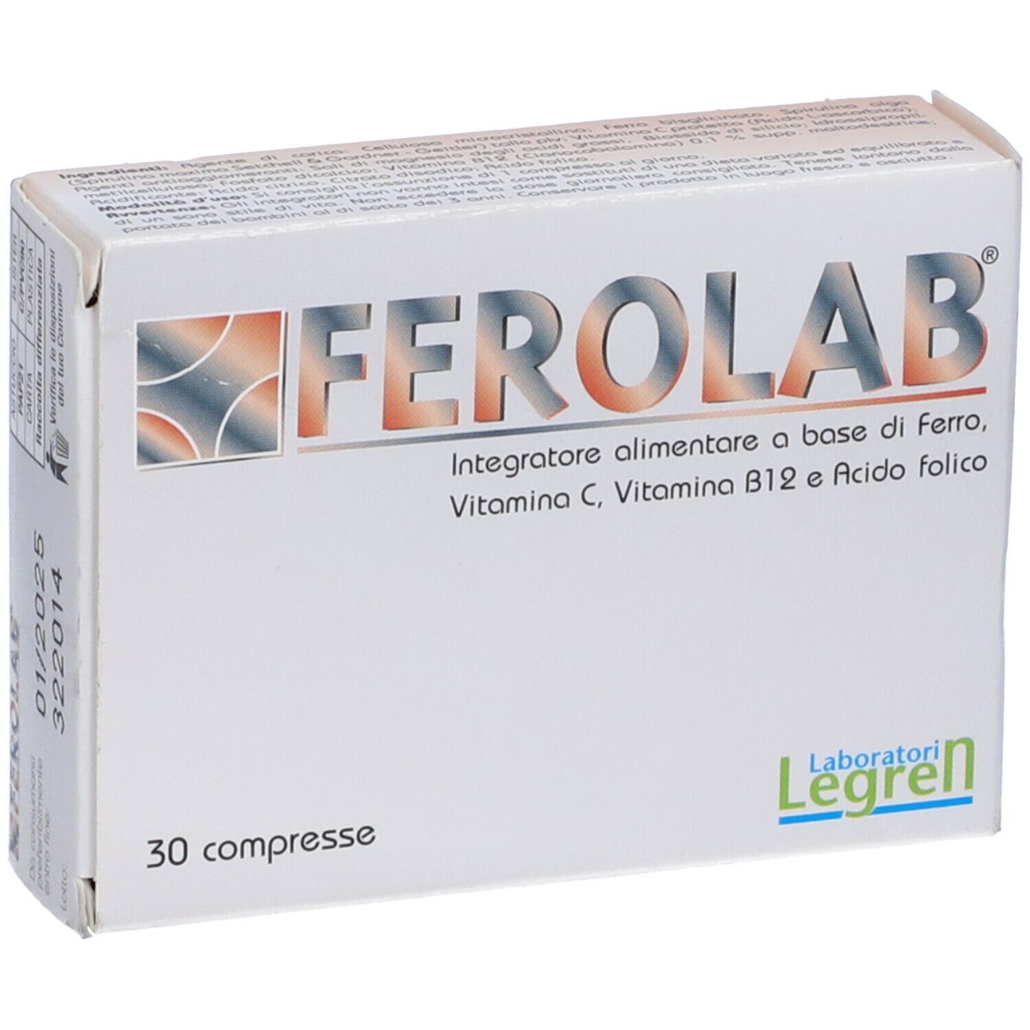 Scatola bianca con logo "FEROLAB" e testo. Contiene 30 compresse. Sul lato: scadenza 01/2025. Logo Laboratori Legren.