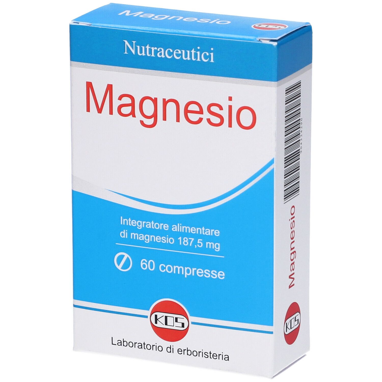 Scatola blu e bianca con scritta rossa "Magnesio". Contiene 60 compresse. Marchio KOS.