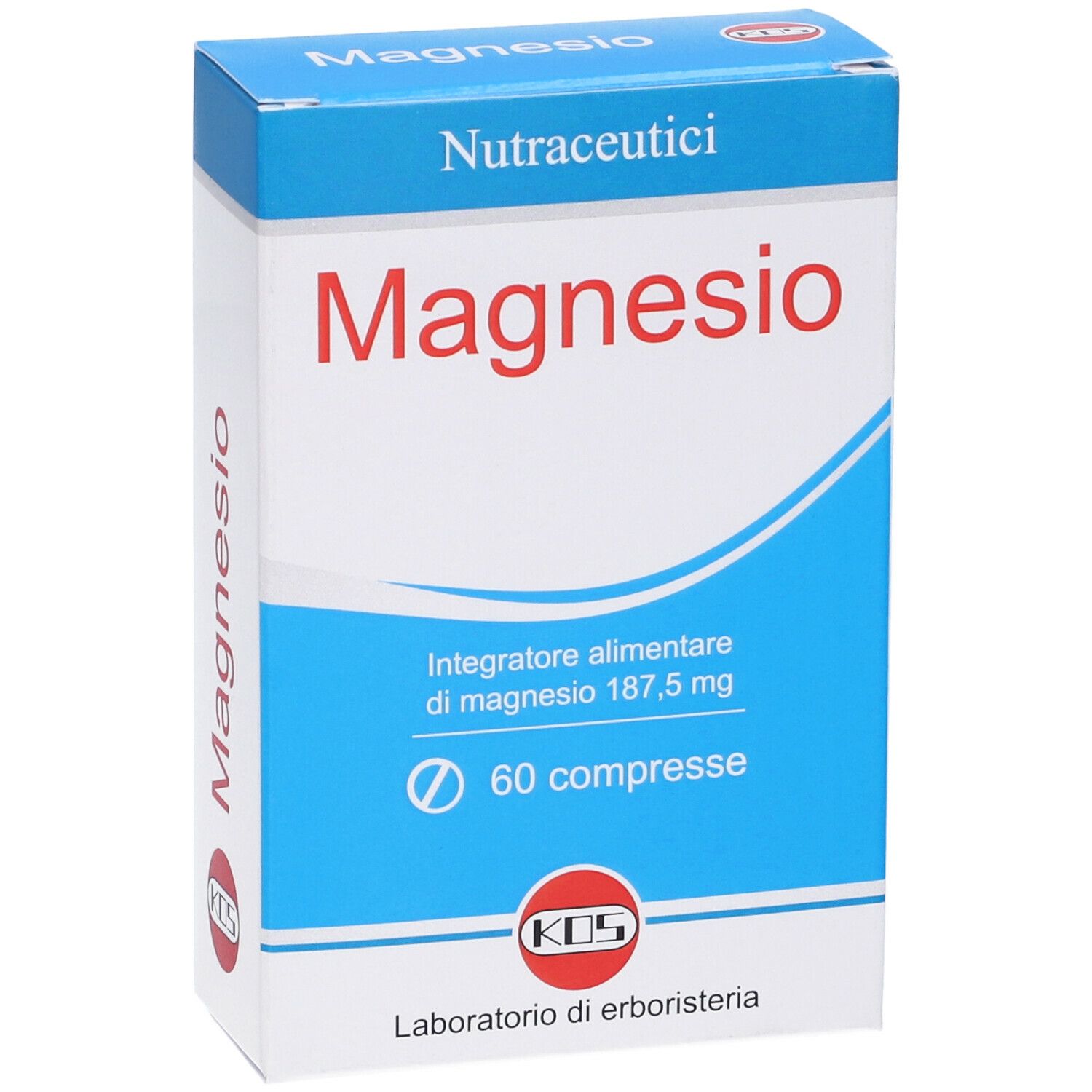 Scatola blu e bianca con scritta rossa "Magnesio". Contiene 60 compresse. Marchio KOS.