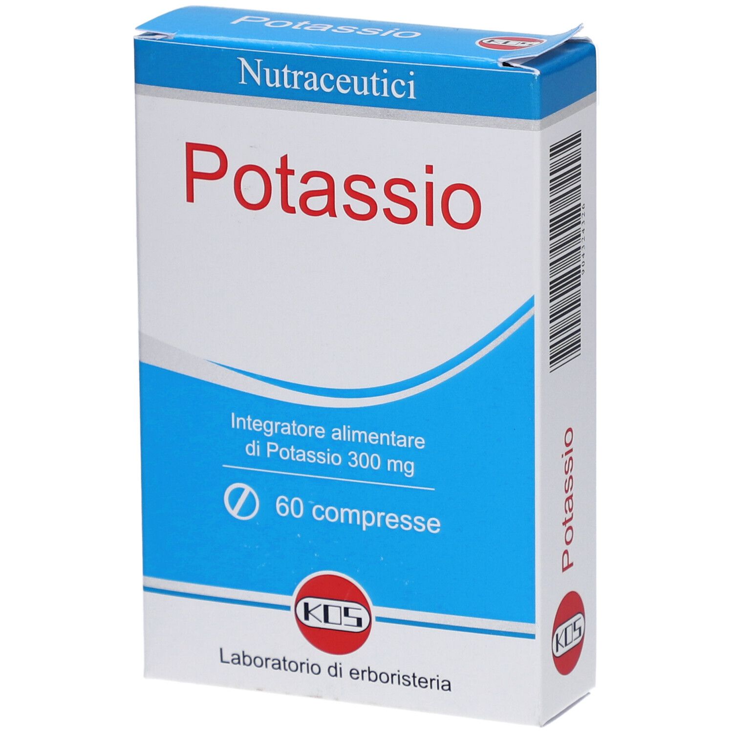 KOS Kalium Tabletten-Verpackung. Weiße und blaue Schachtel mit roter Aufschrift "Potassio". Enthält 60 Tabletten.