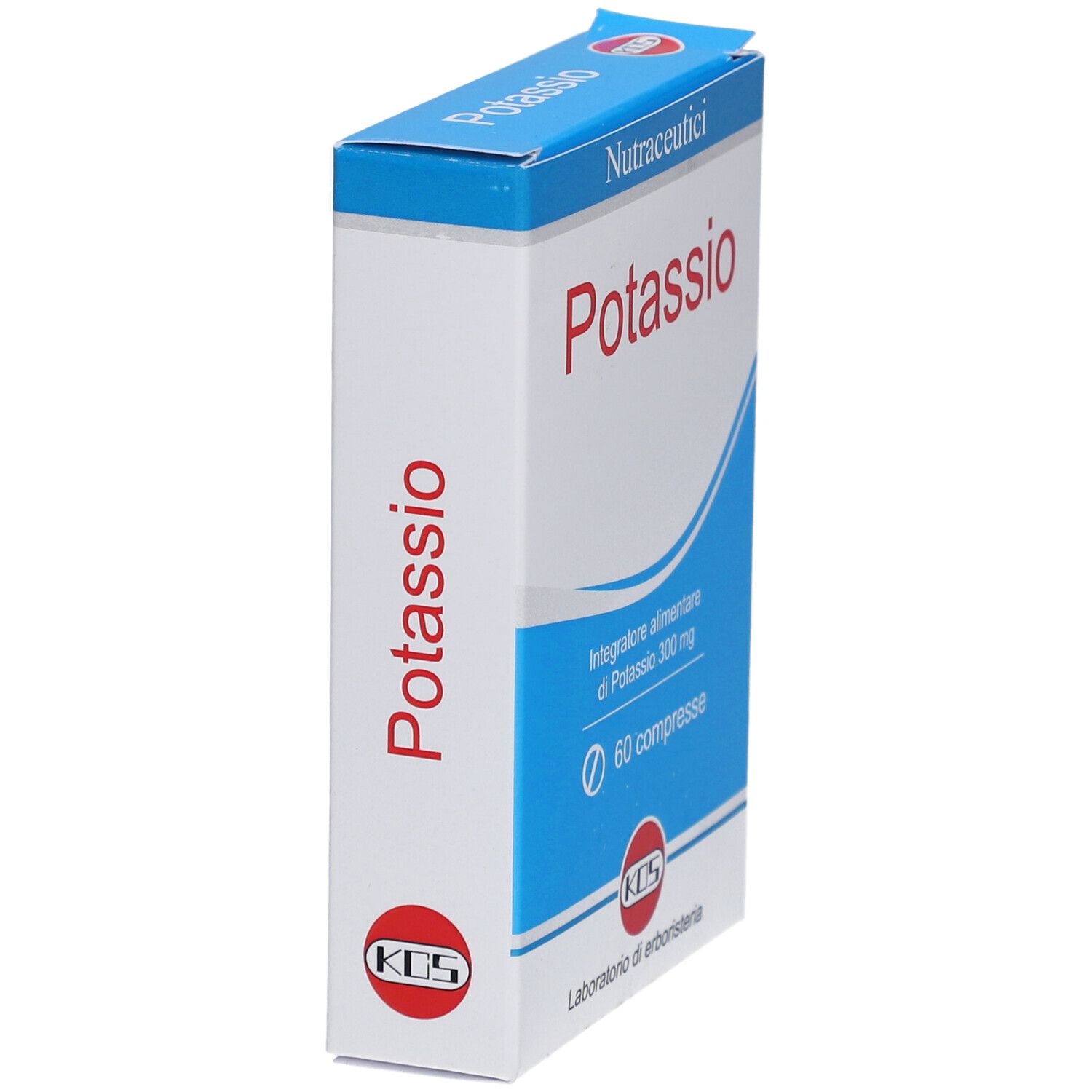 KOS Kalium Tabletten-Verpackung. Weiße und blaue Schachtel mit roter Aufschrift "Potassio". Enthält 60 Tabletten.