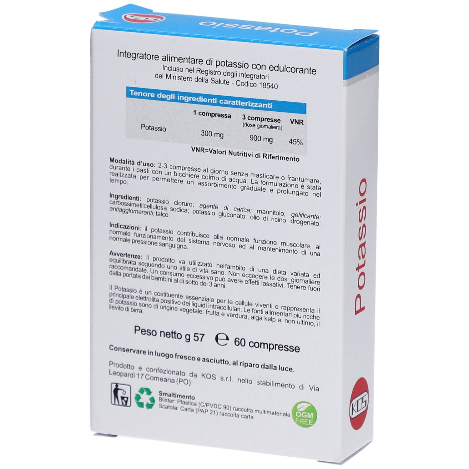 Rückseite der KOS Kalium Tabletten-Verpackung. Enthält Informationen zu Inhaltsstoffen, Nährwerten und Gebrauchsanweisung.