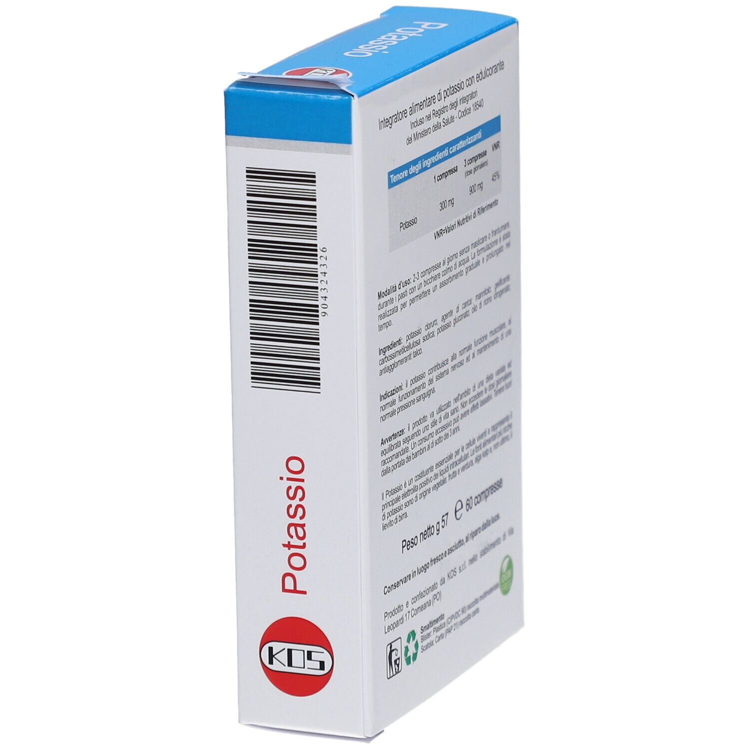 KOS Kalium Tabletten-Verpackung. Weiße und blaue Schachtel mit roter Aufschrift "Potassio". Enthält 60 Tabletten.