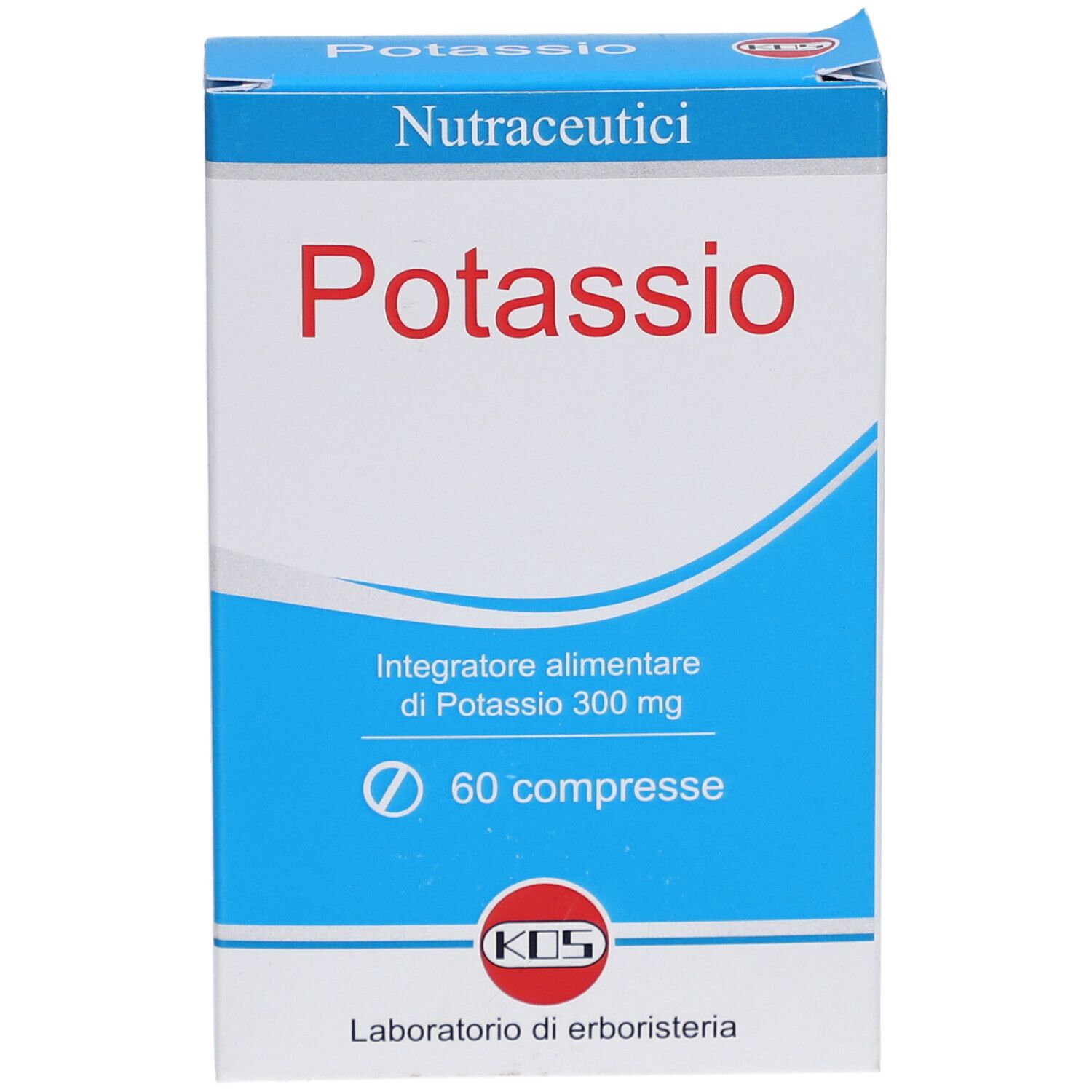 KOS Kalium Tabletten-Verpackung. Weiße und blaue Schachtel mit roter Aufschrift "Potassio". Enthält 60 Tabletten.
