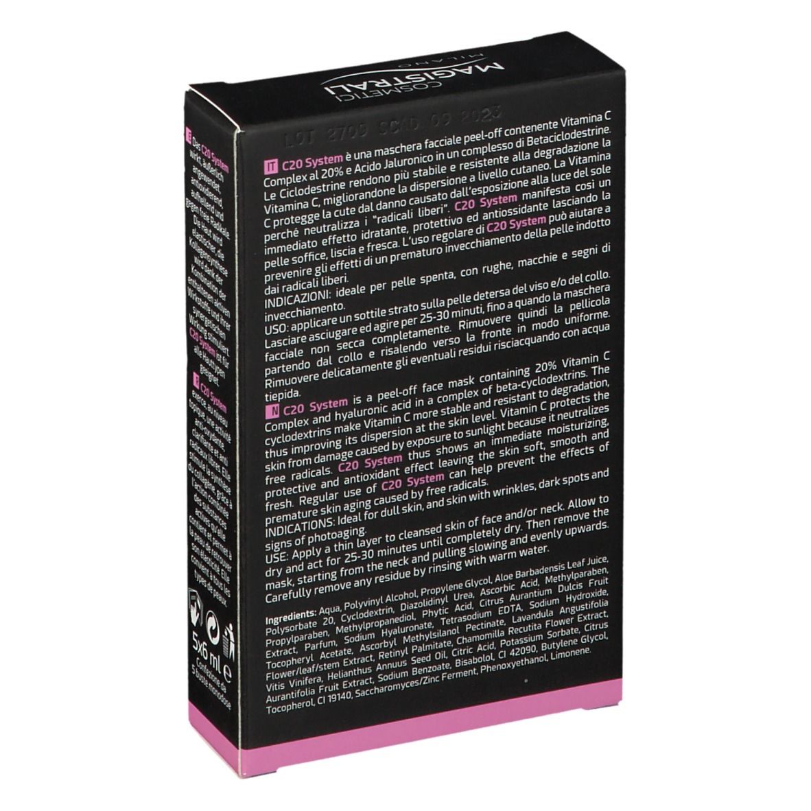 Schwarze Verpackung, MAGISTRALI COSMETICS, C20 SYSTEM, Antioxidant Maske. Rückseite mit Text.