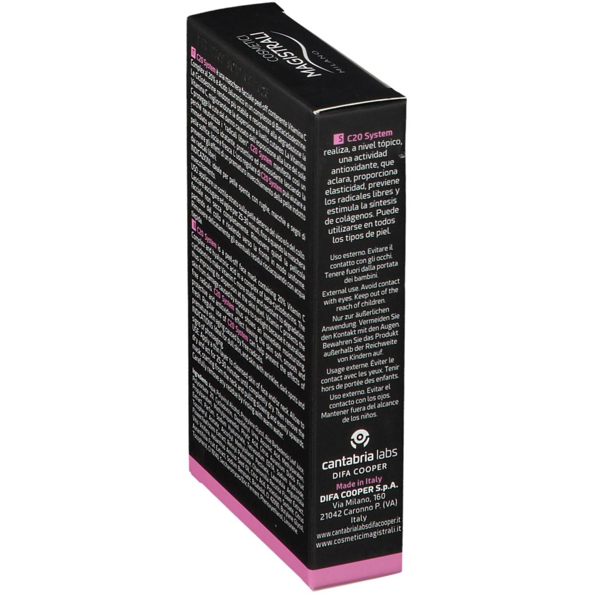 Schwarze Verpackung, MAGISTRALI COSMETICS, C20 SYSTEM, Antioxidant Maske. Rückseite mit Text.