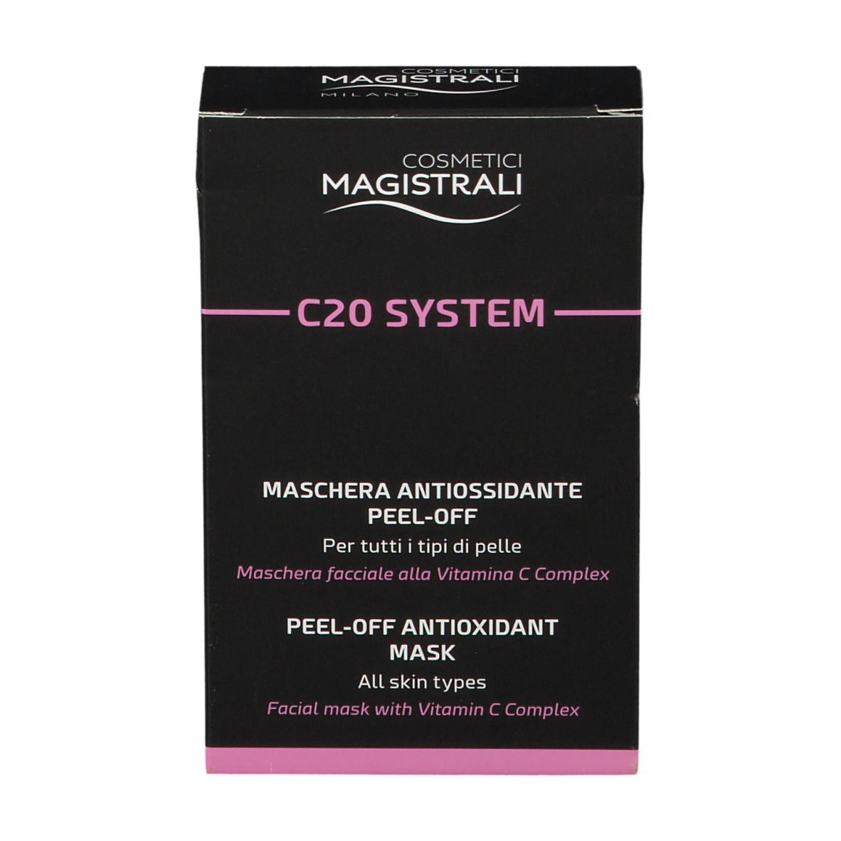 Schwarze Verpackung mit Text: MAGISTRALI COSMETICS, C20 SYSTEM, Antioxidant Maske. Rosa Akzente.