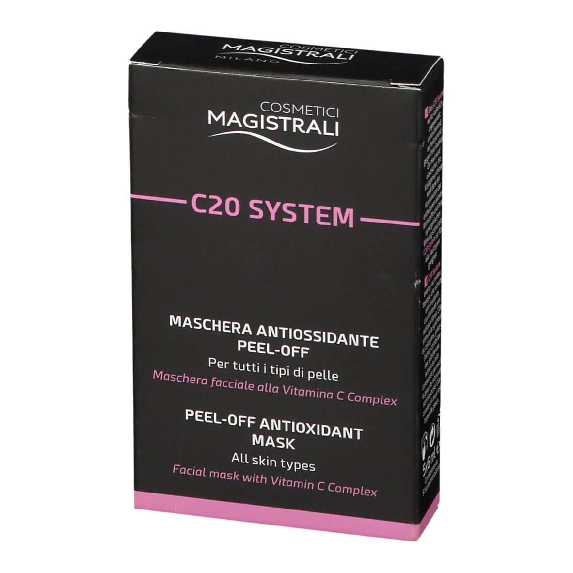 Schwarze Verpackung, MAGISTRALI COSMETICS, C20 SYSTEM, Antioxidant Maske. Schräge Ansicht.