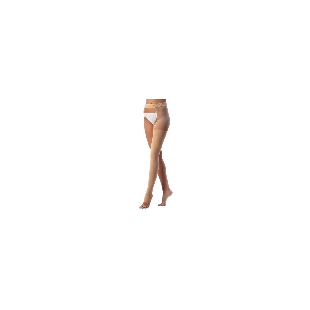 Collant medico color carne indossato da una persona. Il collant copre le gambe fino alle cosce. La cintura è visibile.
