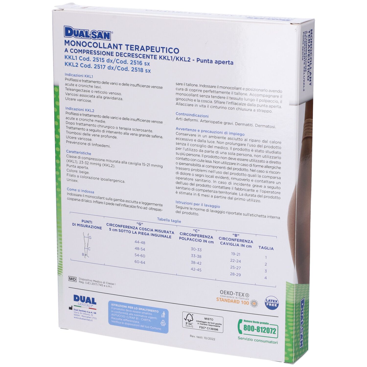 Retro della confezione del prodotto. Informazioni testuali, tabella delle taglie e loghi. Certificazione Oeko-Tex Standard 100.