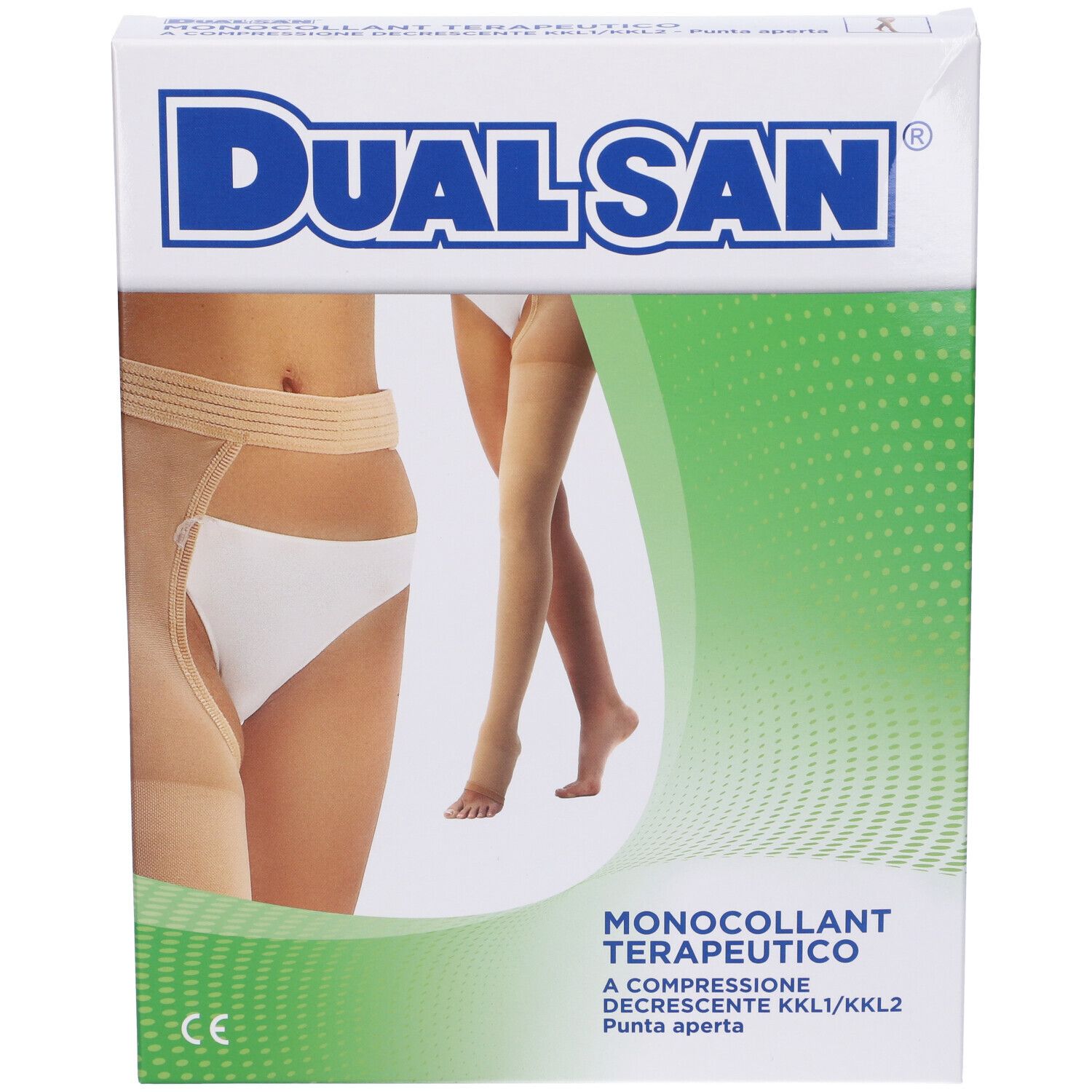 Confezione del prodotto con immagine. Scritta "DualSan" e "Monocollant Terapeutico". Colori verde e bianco.