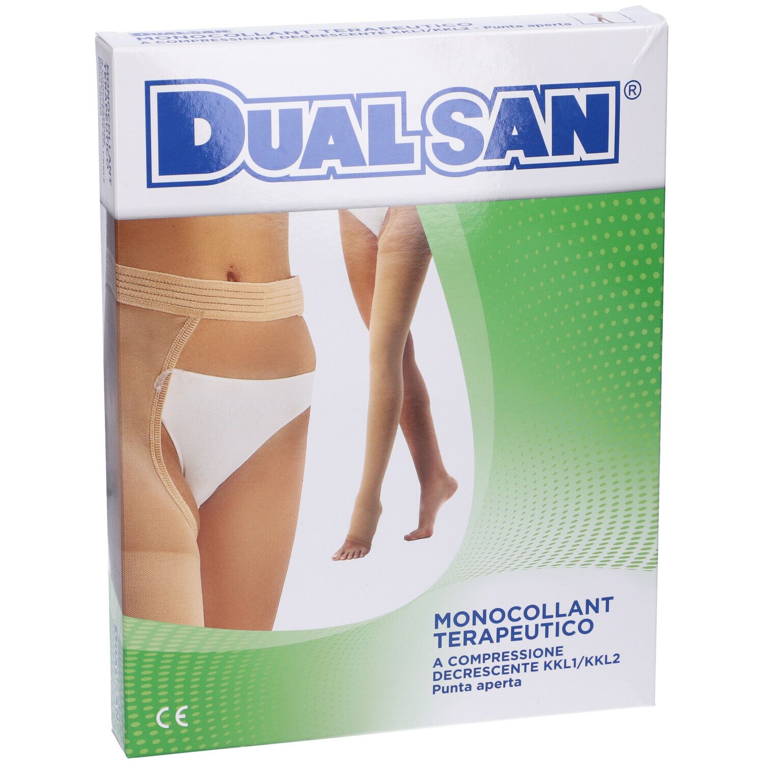 Confezione del prodotto con immagine. Scritta "DualSan" e "Monocollant Terapeutico". Colori verde e bianco.