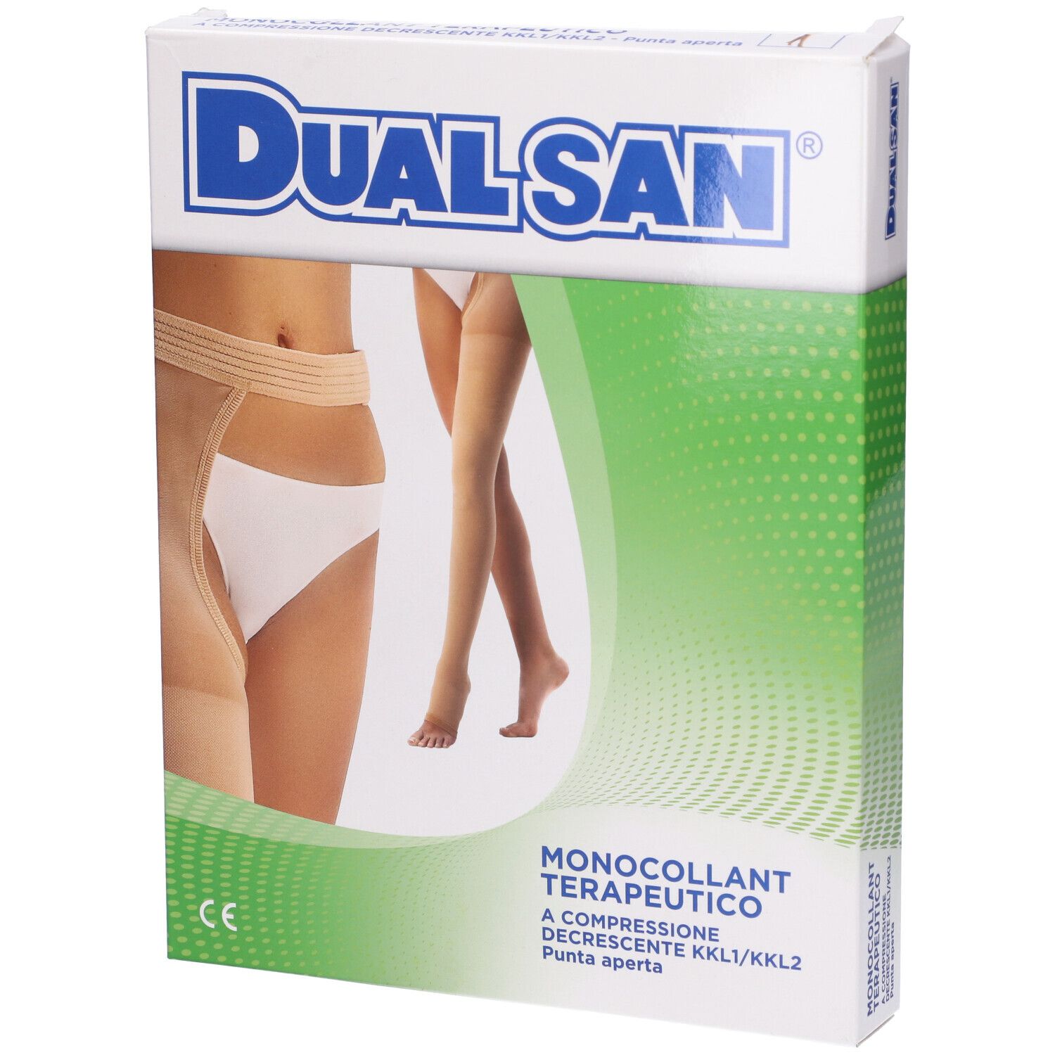 Confezione di Monocollant Terapeutico Dualsan. Fronte con immagine del prodotto e marchio.