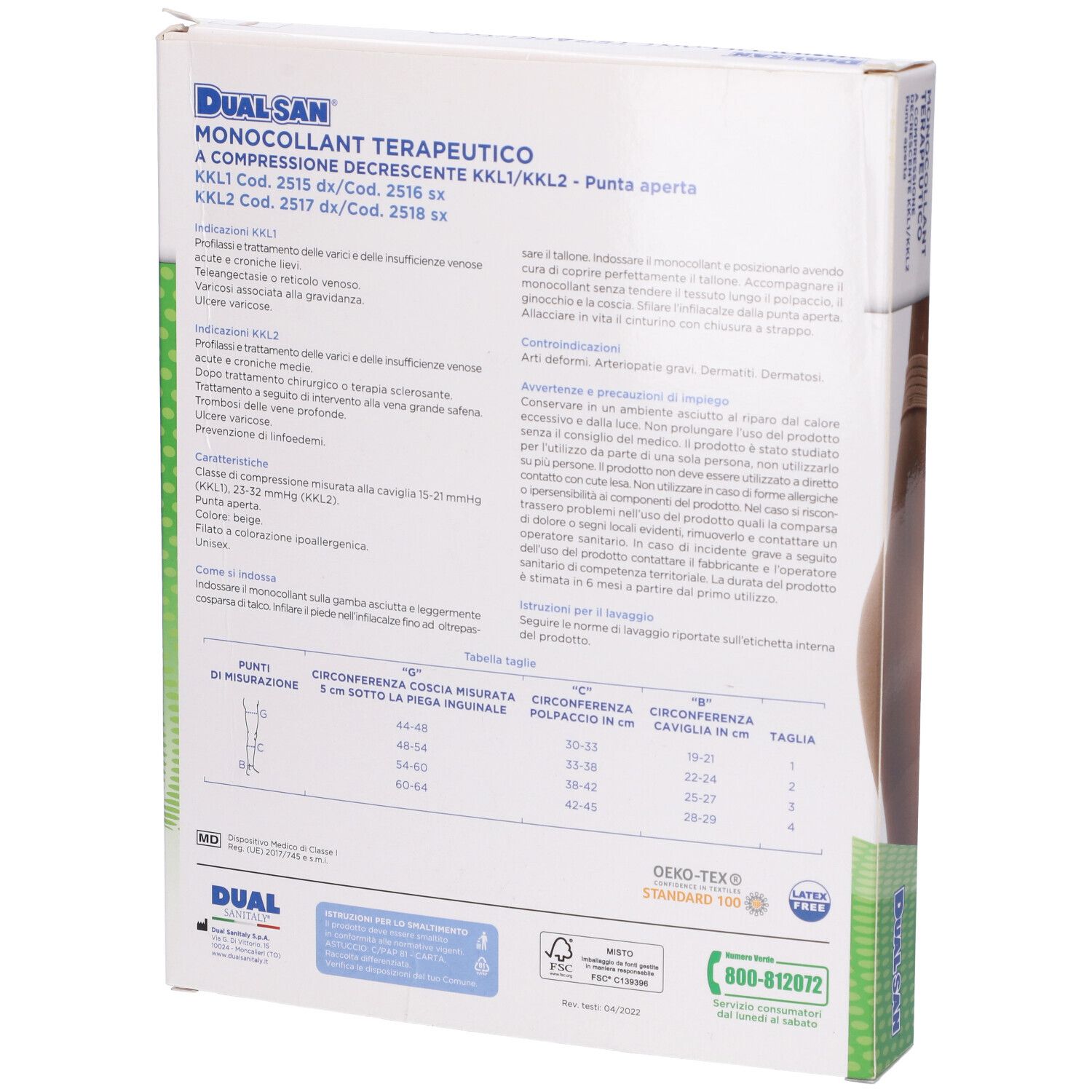 Retro della confezione Dualsan Monocollant Terapeutico. Informazioni testuali e tabella taglie.