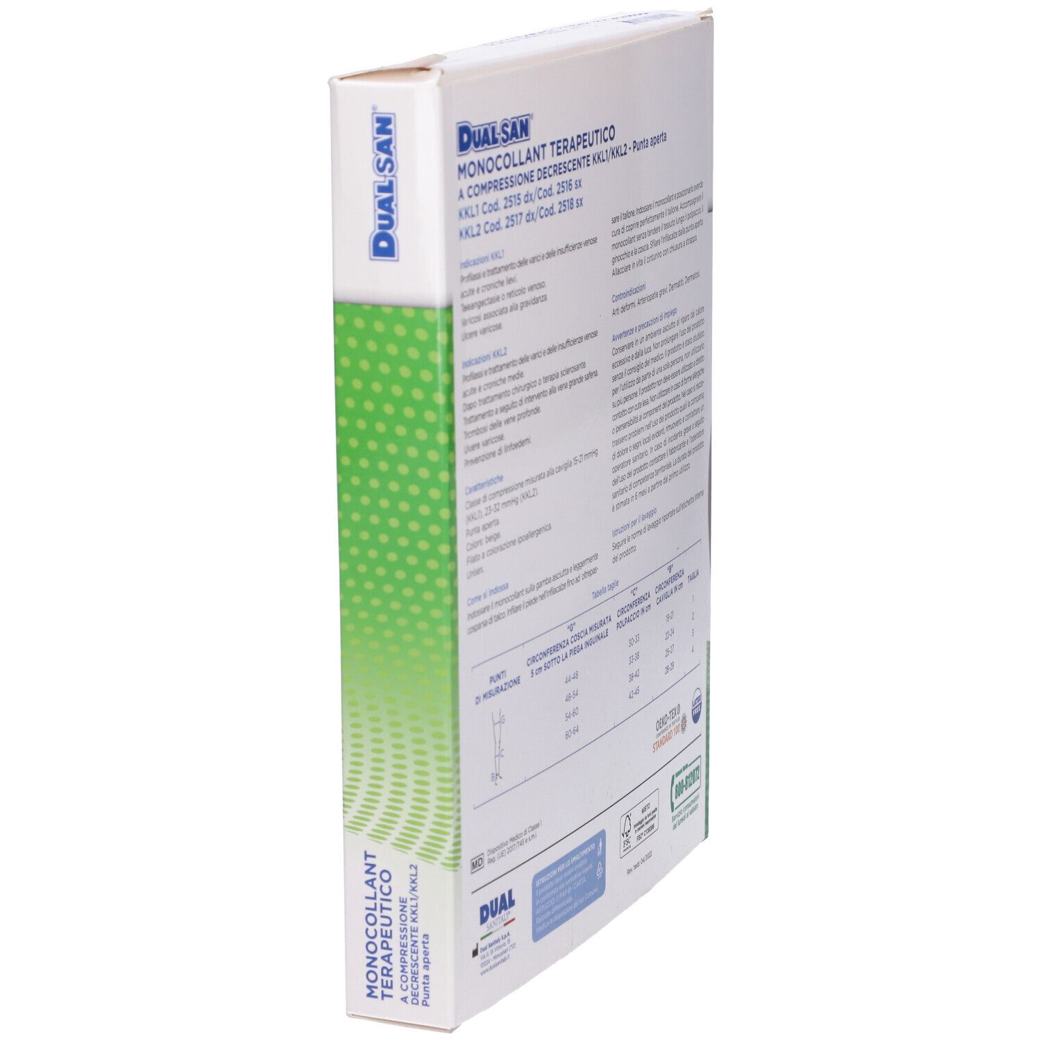 Vista obliqua della confezione Dualsan Monocollant Terapeutico. Testo e marchio.