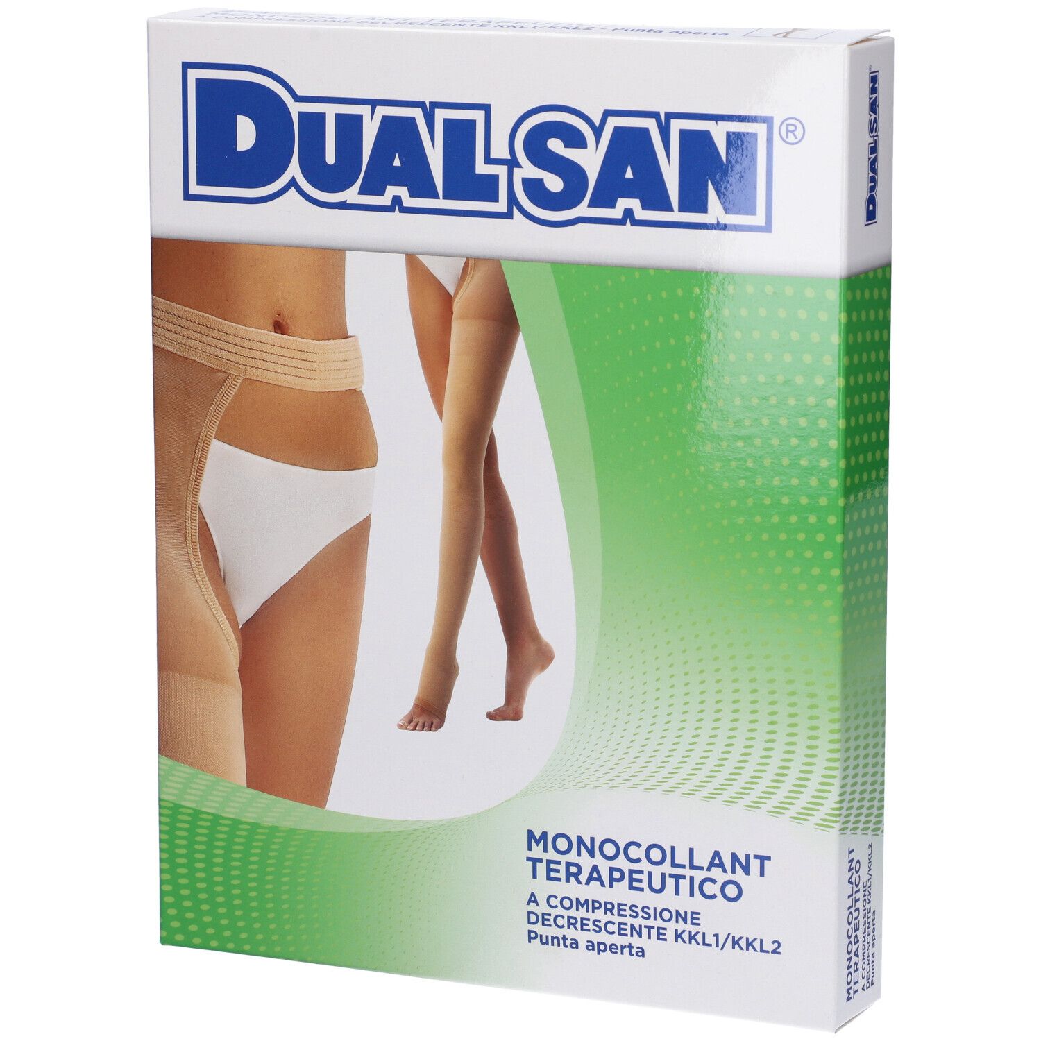 Confezione Dualsan. Scritta: Monocollant Terapeutico, calza compressiva. Immagine: gamba con calza.