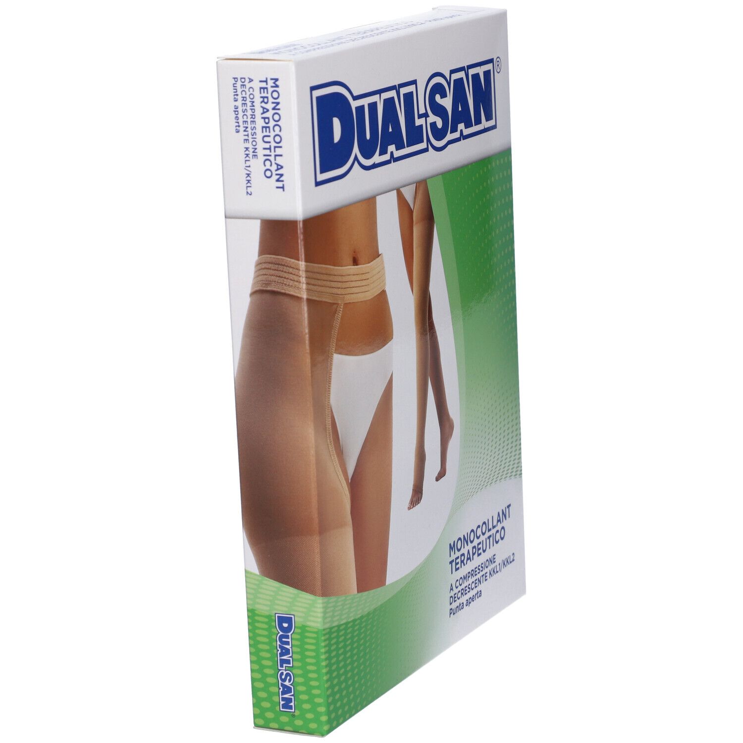 Confezione Dualsan obliqua. Scritta: Monocollant Terapeutico, calza compressiva. Immagine: gamba con calza.