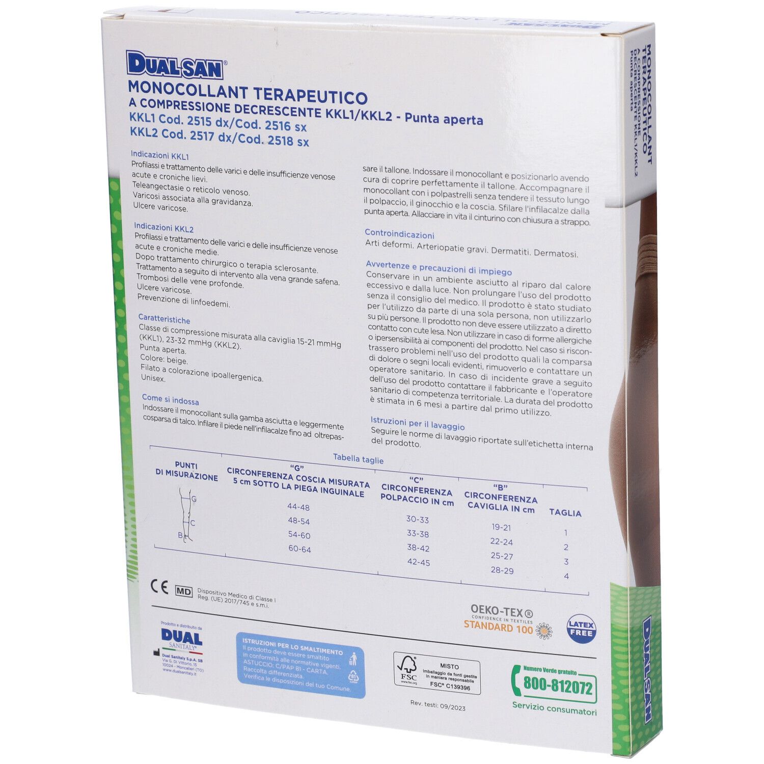 Retro confezione Dualsan. Testo in italiano. Informazioni su ingredienti, uso e taglie.