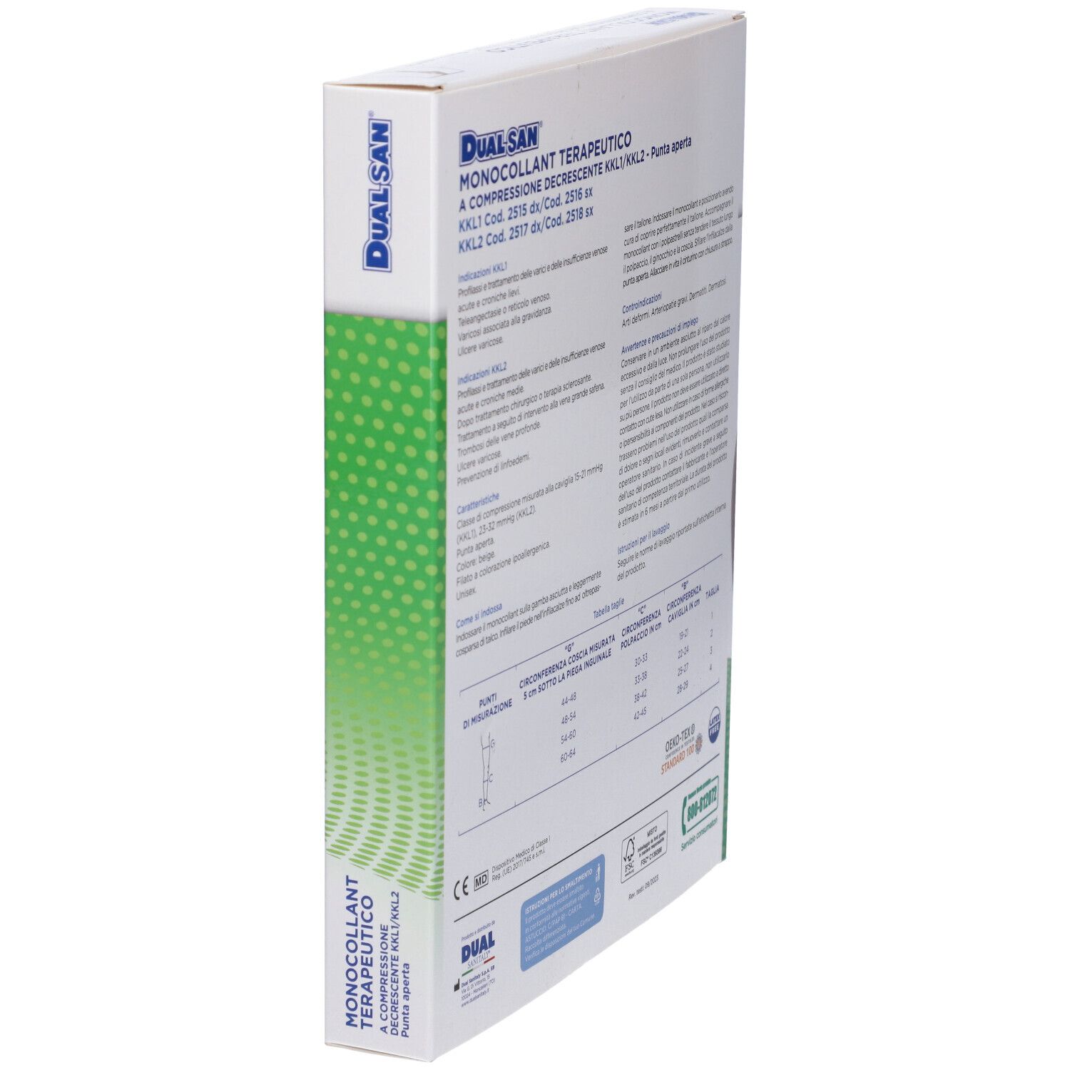 Confezione Dualsan obliqua. Testo in italiano. Informazioni su ingredienti, uso e taglie.