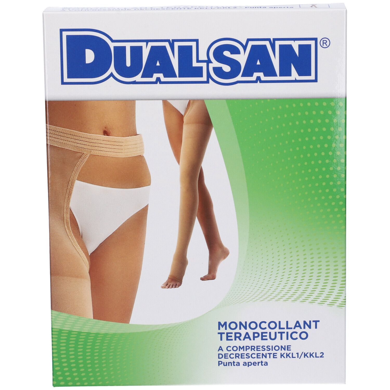 Confezione Dualsan. Scritta: Monocollant Terapeutico, calza compressiva. Immagine: gamba con calza.