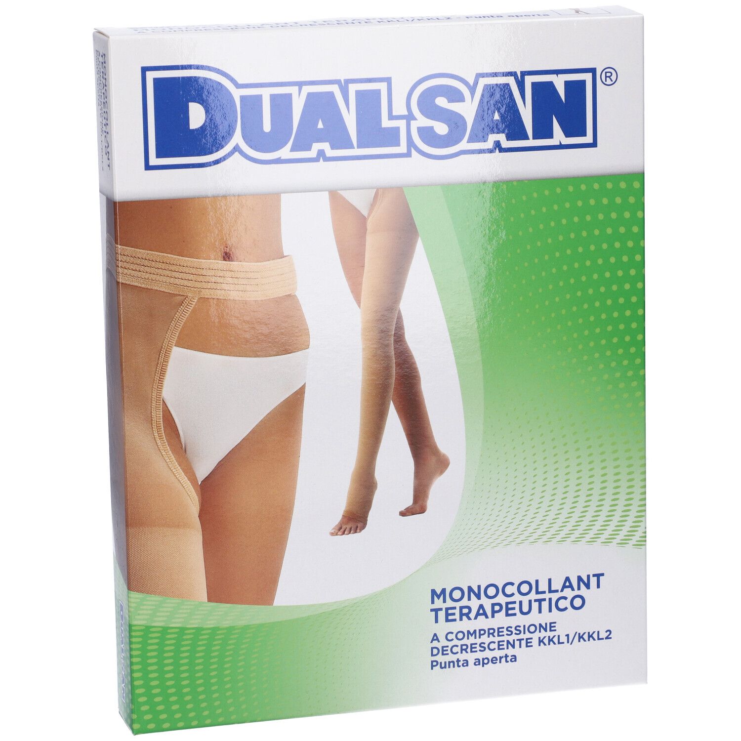 Confezione Dualsan. Scritta: Monocollant Terapeutico, calza compressiva. Immagine: gamba con calza.