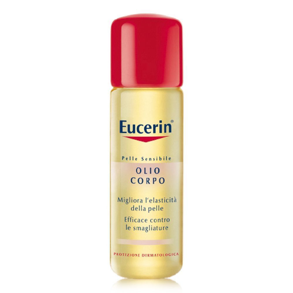 Flacone di olio Eucerin con tappo rosso. Scritta: Olio Corpo, migliora l'elasticità della pelle, efficace contro le smagliature.
