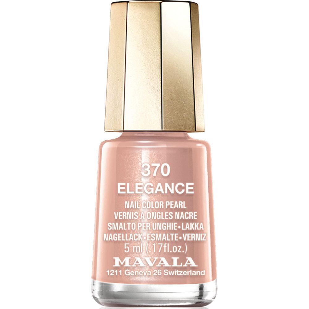 Flacone di smalto rosa beige, tappo dorato. Scritta: 370 ELEGANCE, Nail Color Pearl, 5 ml, MAVALA.