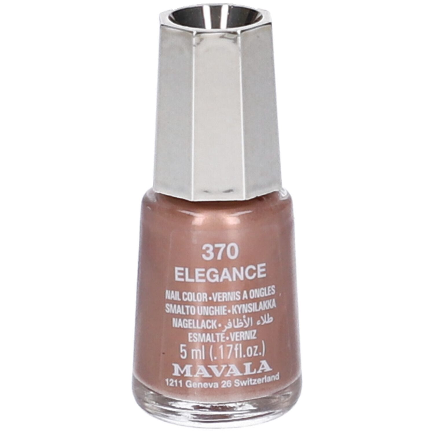 Flacone di smalto marrone rosato, tappo argentato. Scritta: 370 ELEGANCE, Nail Color, 5 ml, MAVALA.