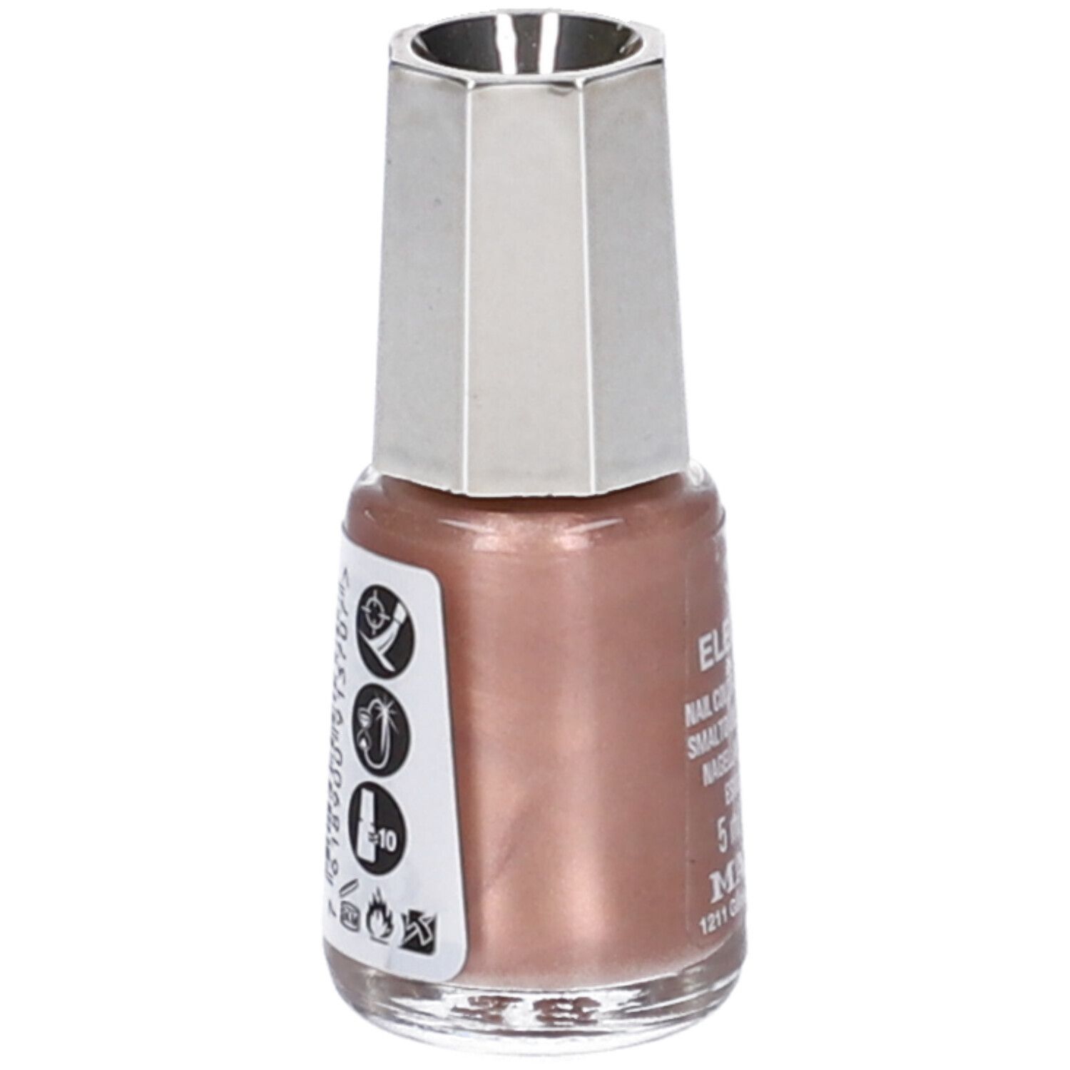Flacone di smalto marrone rosato, tappo argentato. Scritta: 370 ELEGANCE, Nail Color, 5 ml, MAVALA. Etichetta con simboli.