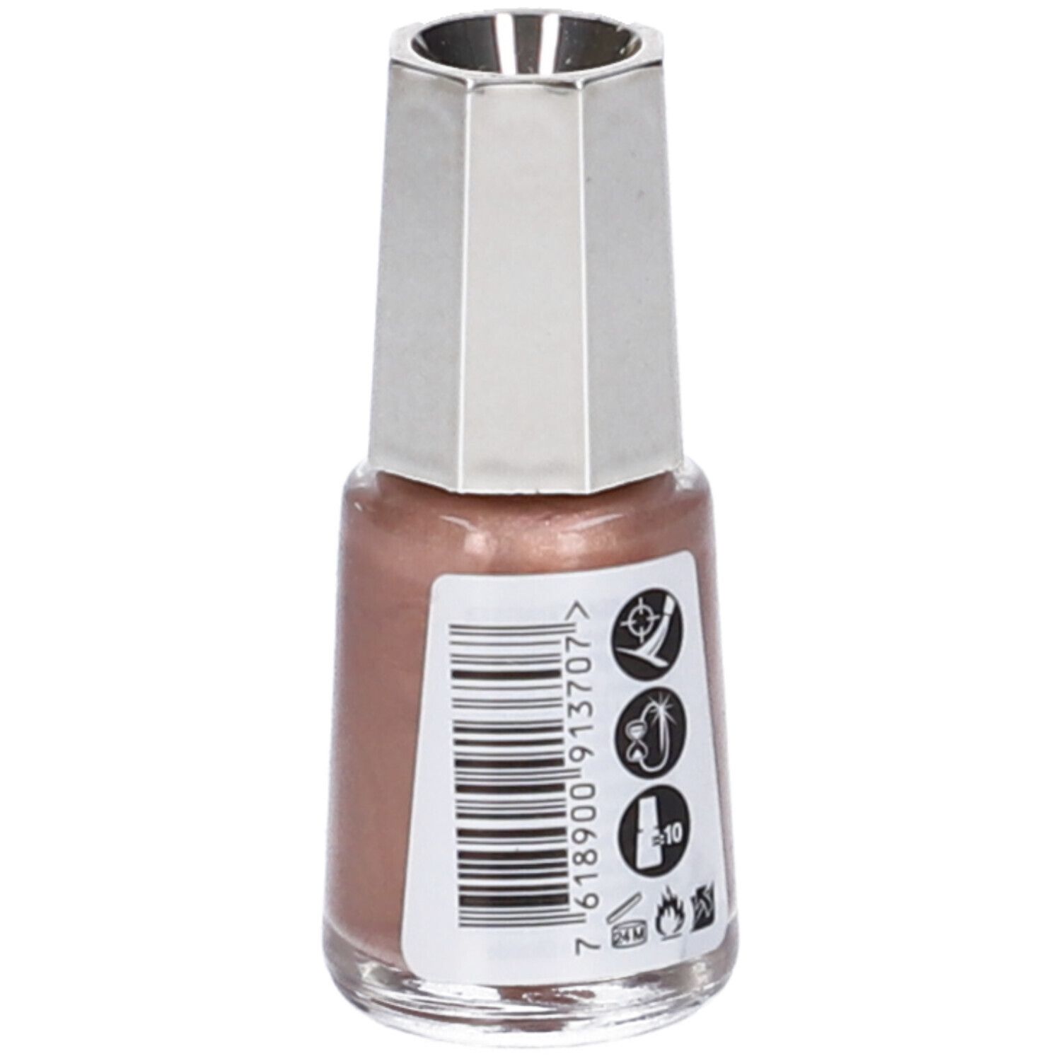 Flacone di smalto marrone rosato, tappo argentato. Scritta: 370 ELEGANCE, Nail Color, 5 ml, MAVALA. Codice a barre e simboli.