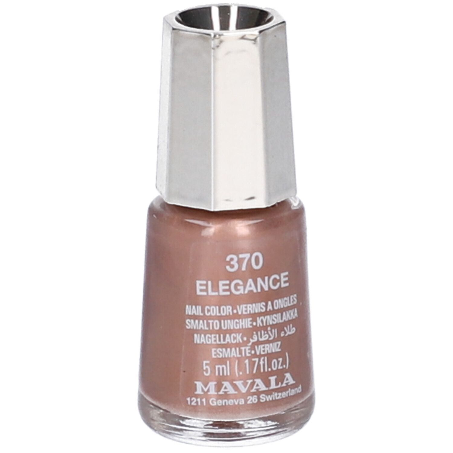 Flacone di smalto marrone rosato, tappo argentato. Scritta: 370 ELEGANCE, Nail Color, 5 ml, MAVALA.