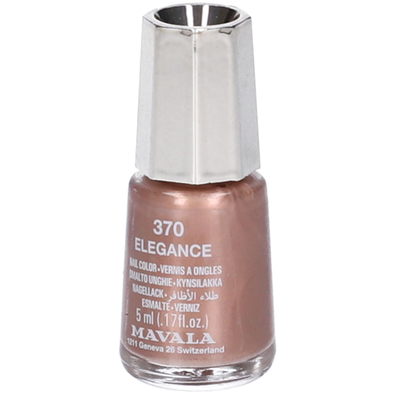 Flacone di smalto marrone rosato, tappo argentato. Scritta: 370 ELEGANCE, Nail Color, 5 ml, MAVALA.