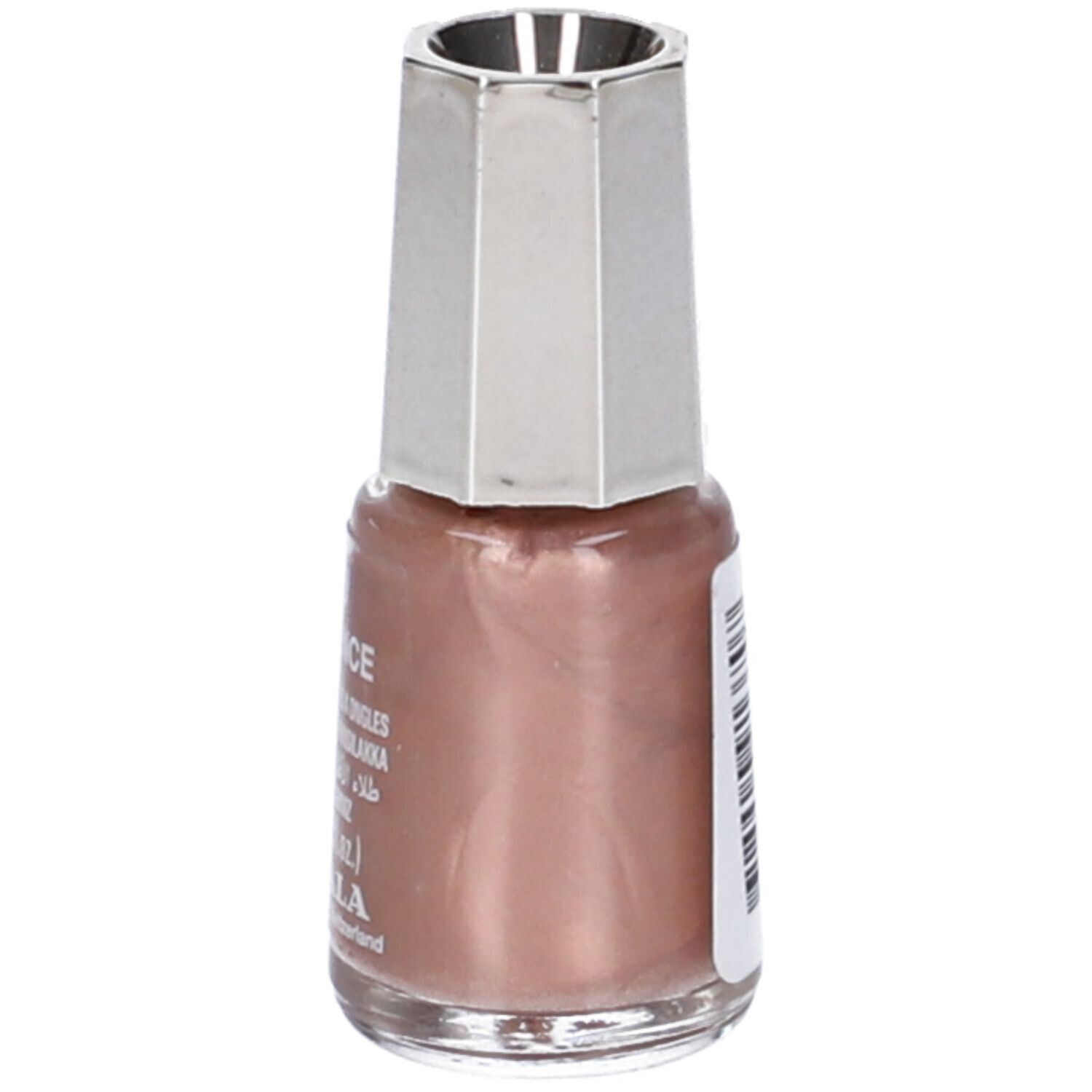 Flacone di smalto marrone rosato, tappo argentato. Scritta: 370 ELEGANCE, Nail Color, 5 ml, MAVALA.