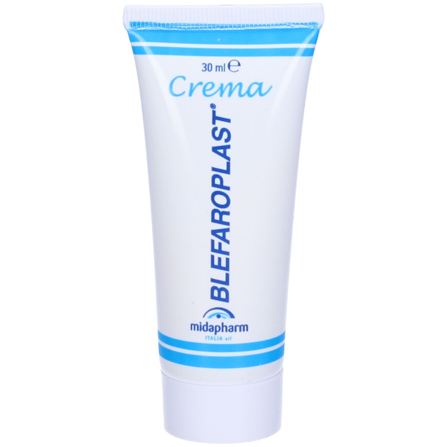 Tubo bianco con scritte blu. Visibili "BLEFAROPLAST" e "Crema".