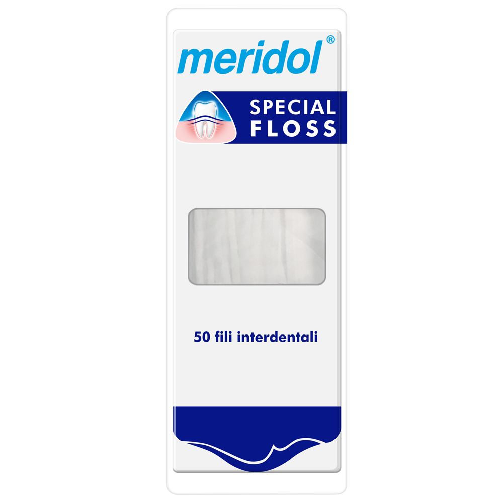 Confezione meridol® Special Floss. Contiene 50 fili interdentali. Confezione blu e bianca con nome e logo del prodotto.