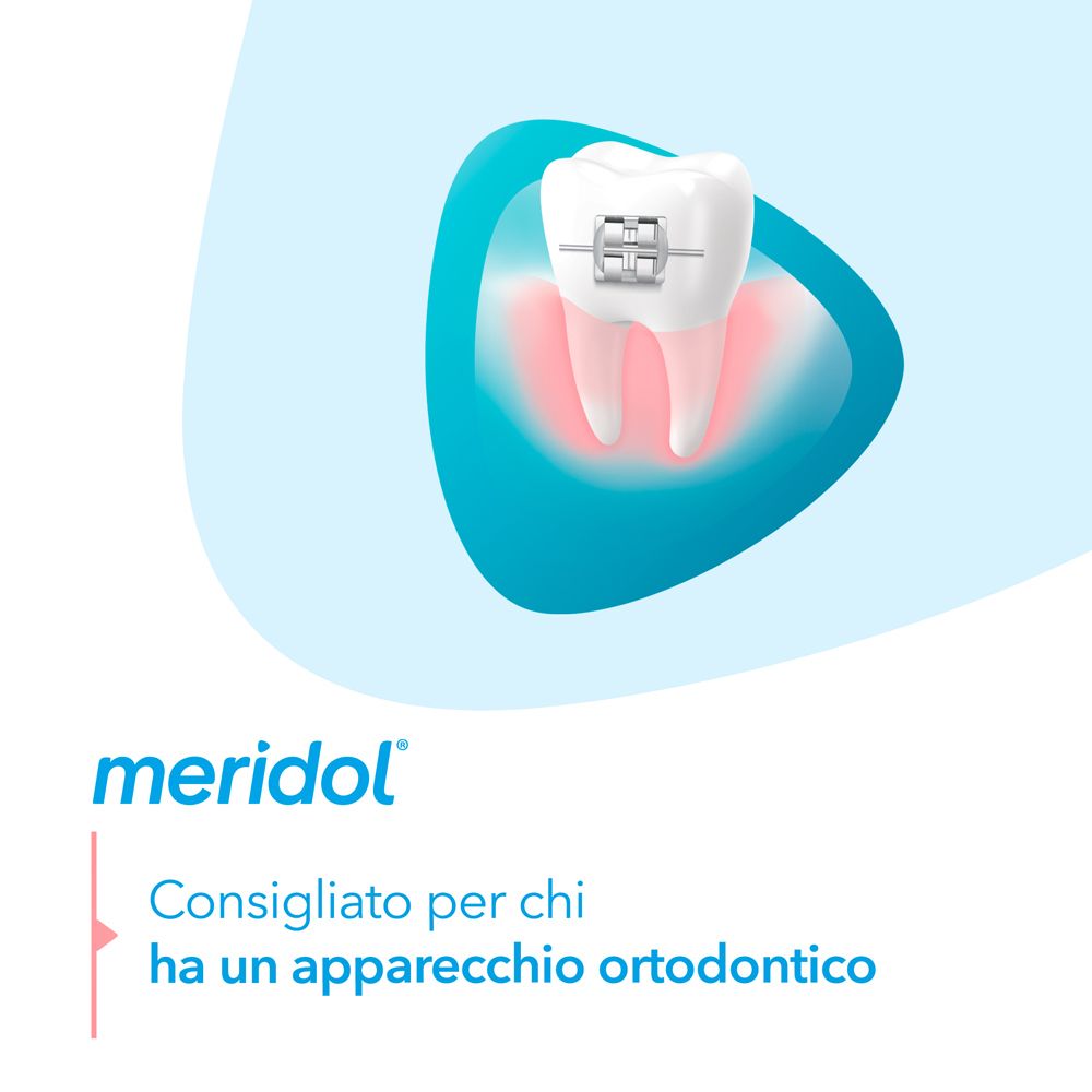 Illustrazione mostra dente con apparecchio ortodontico. Logo meridol®. Testo: Consigliato per chi ha un apparecchio ortodontico.