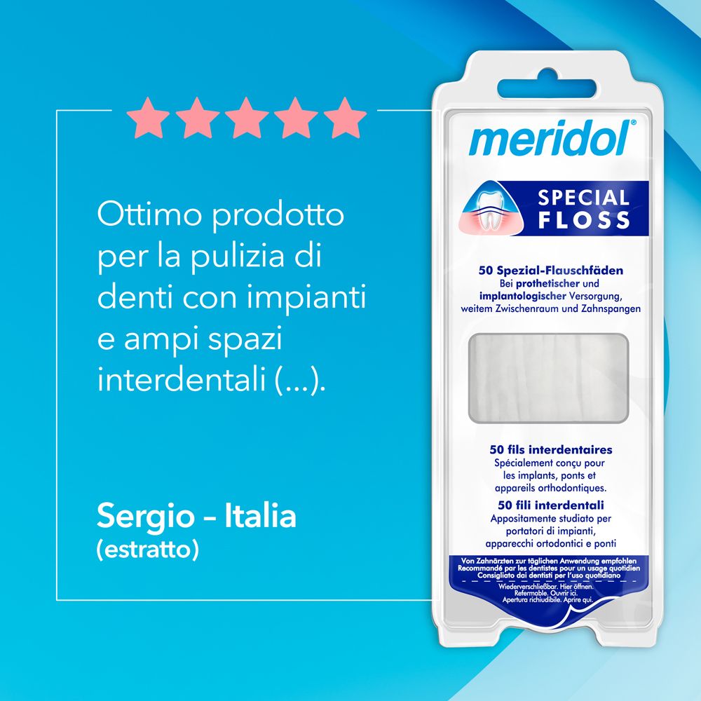 Confezione meridol® Special Floss. Contiene 50 fili interdentali. Testo: Recensione di un cliente. Nome e logo del prodotto.
