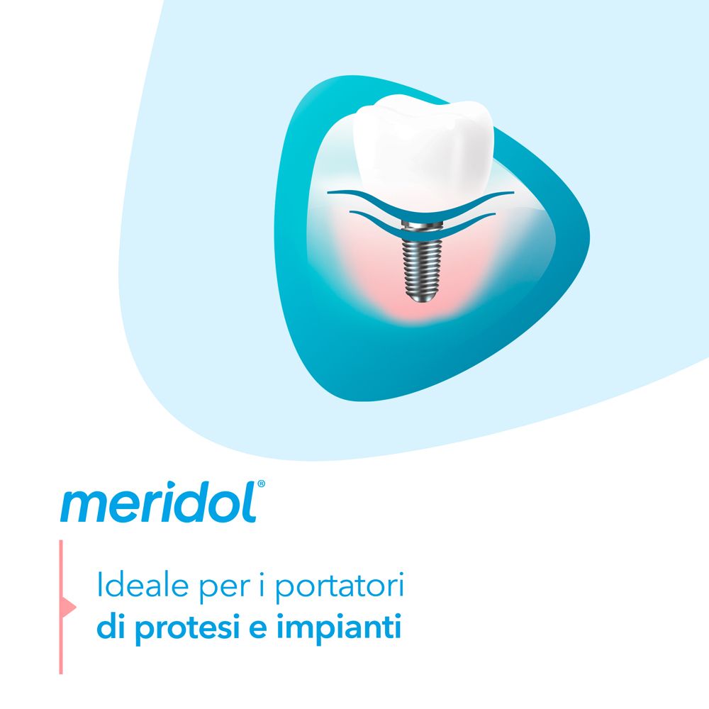 Illustrazione mostra dente con impianto. Logo meridol®. Testo: Ideale per i portatori di protesi e impianti.