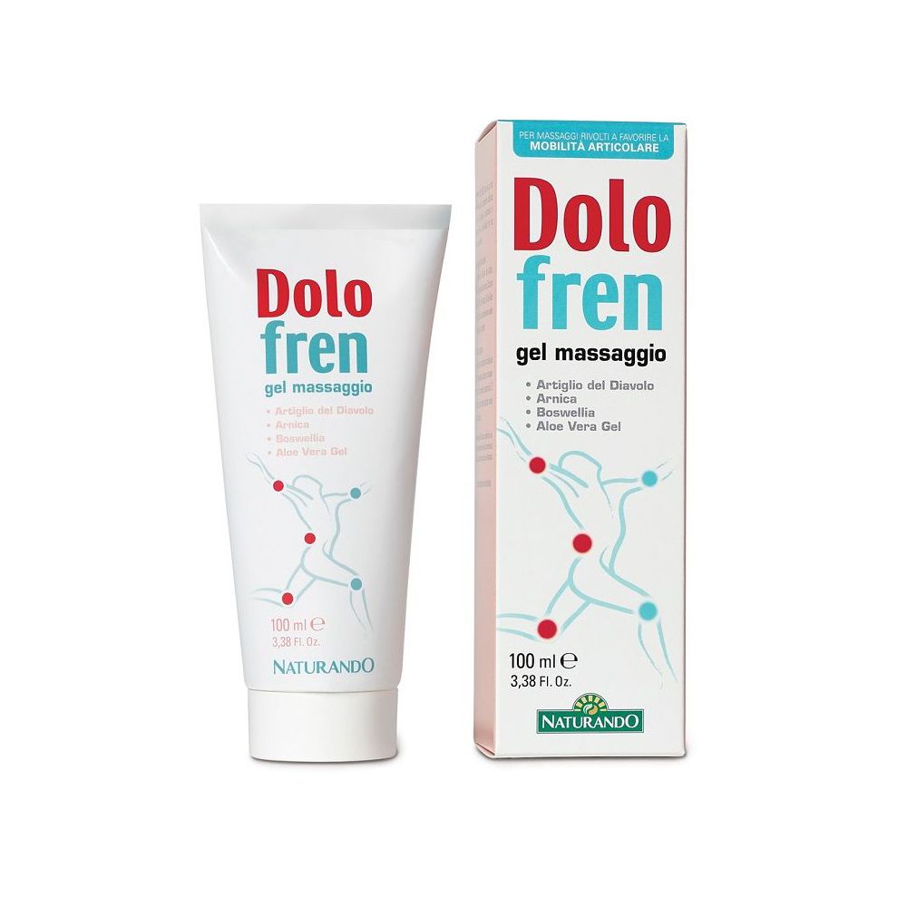 Tubo e scatola bianchi. Scritta: Dolo fren, gel massaggio. Illustrazione di corpo umano con punti.