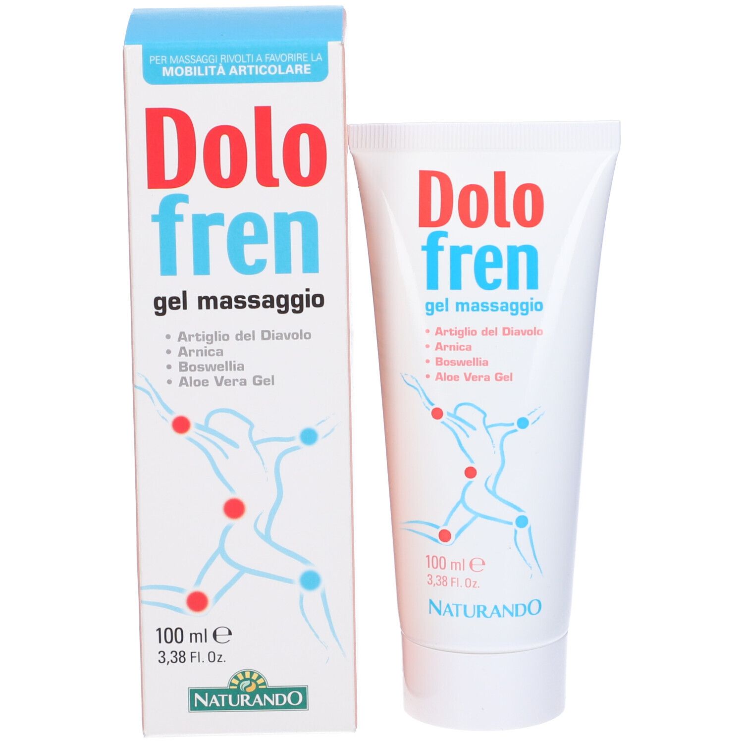 Confezione in cartone e tubo. Scritta: Dolo fren, gel massaggio. Illustrazione di un corpo umano.