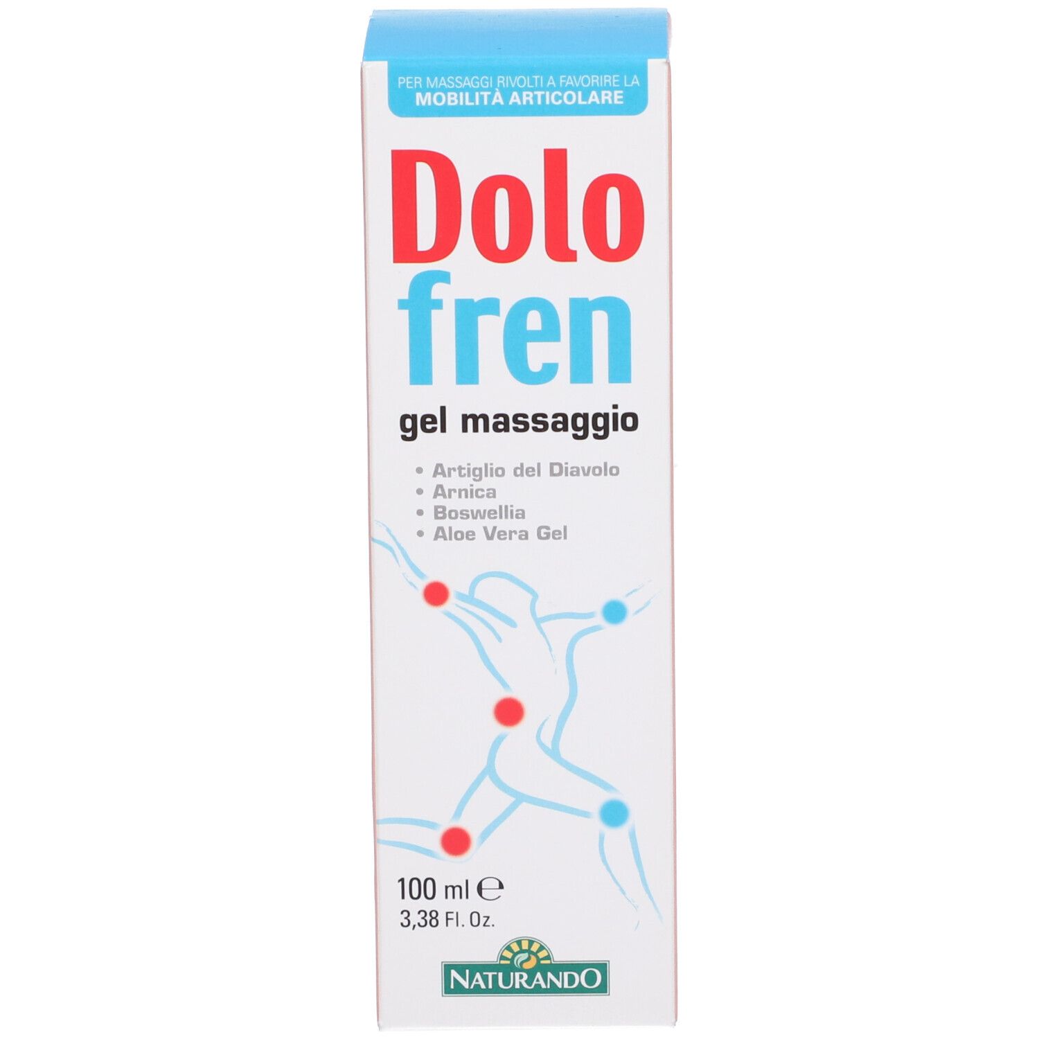 Confezione in cartone. Scritta: Dolo fren, gel massaggio. Illustrazione di un corpo umano.