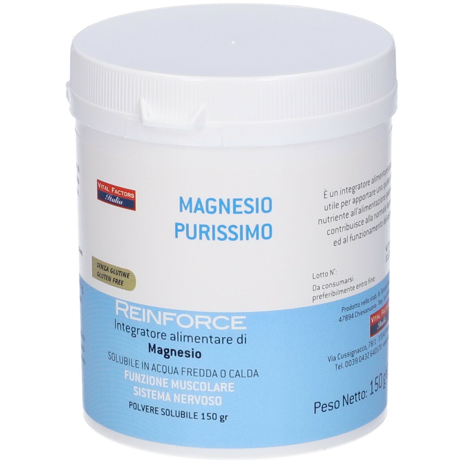 Contenitore bianco con nome e logo del prodotto. Contiene 150 g di polvere. Senza glutine.
